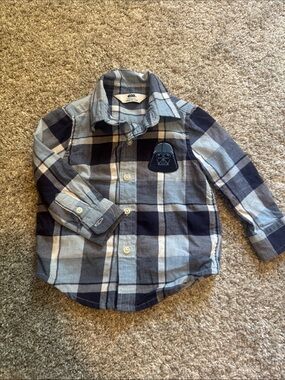 GAP Boys Navy and Light Blue Plaid Button-Down Shirt with Patch
